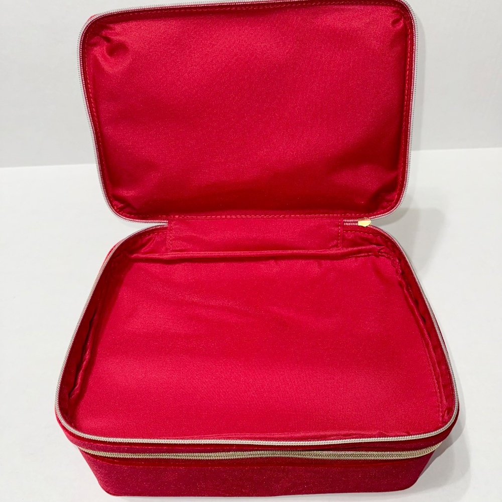 Estee Lauder 2024 Red Bow Handle Train Case-Makeup Bag-Velvet-2 Compartments - Picture 9 of 10